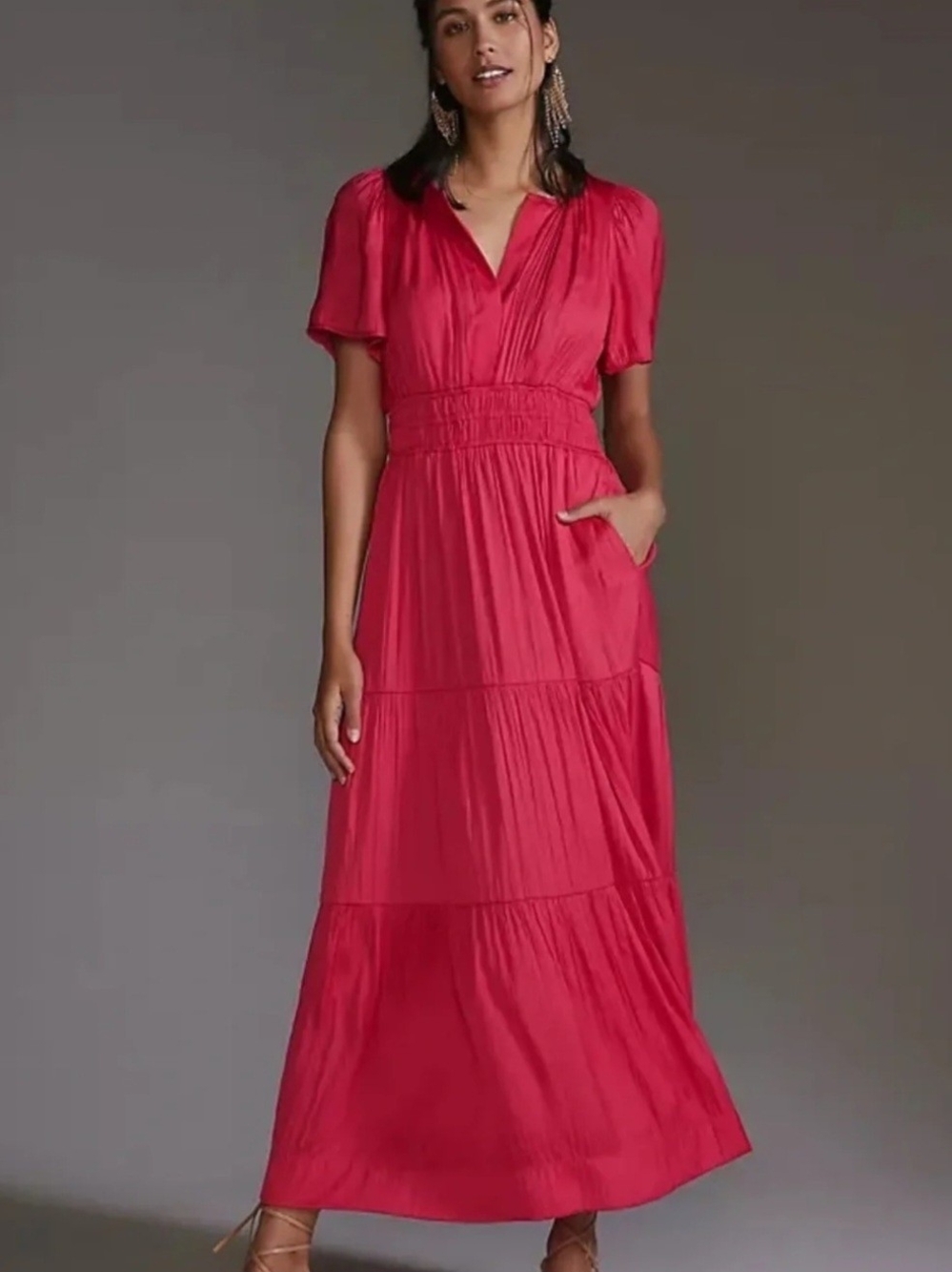 By Anthropologie Somerset Silk Tiered Pink Maxi Dress Size M